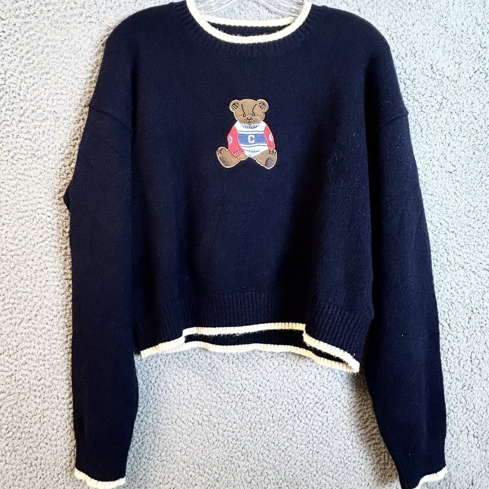 Cider Women's Size XL Embroidered Teddy Bear Sweater Long Sleeve Knit Preppy